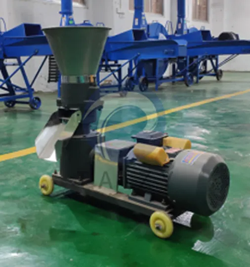The mixed feed is compressed through the flat die and rollers to form uniform feed pellets with the desired diameter.